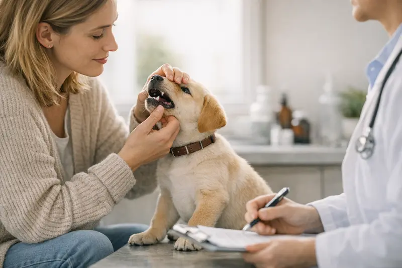 Welpenuntersuchung beim Tierarzt Ein Welpe sitzt beim Tierarzt und wird untersucht, um die Gesundheitsvorsorge zu besprechen.