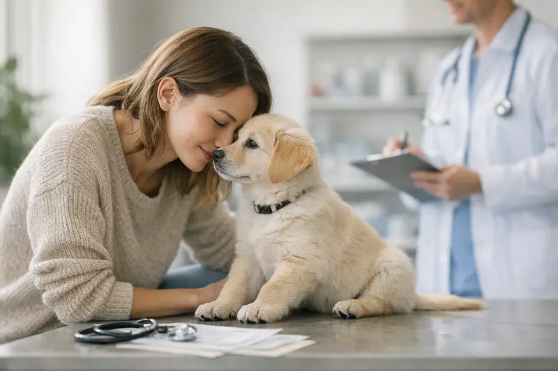 Tierarztbesuch für Welpen Welpen mit Tierarzt, der eine Untersuchung durchführt, um Gesundheitsvorsorge sicherzustellen.
