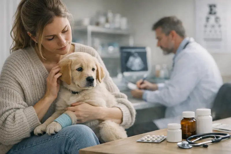 Welpe Tierarzt Untersuchung Welpe beim Tierarzt zur Untersuchung einer OP-Versicherung