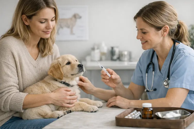 Hund beim Tierarzt für Impfungen und Vorsorgeuntersuchungen Hund beim Tierarzt während einer Vorsorgeuntersuchung, Impfungen werden nicht automatisch erstattet.