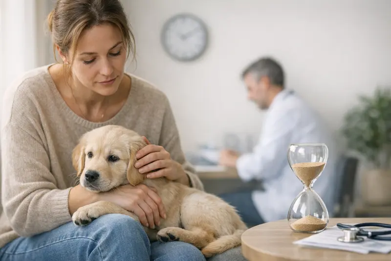 Wartezeiten bei Tierarztbehandlungen Ein Hund beim Tierarzt, der eine Untersuchung erhält, symbolisiert die Bedeutung von Wartezeiten bei Versicherungen.