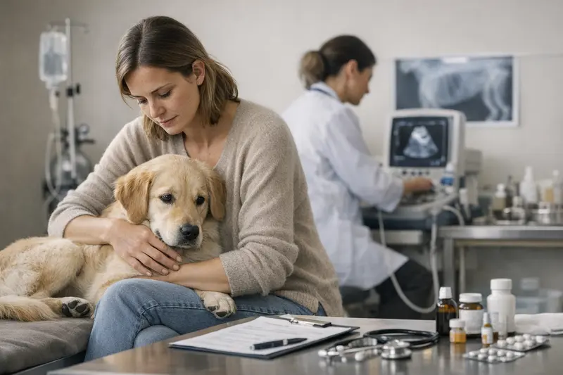 Wichtige Tarifdetails in der Tierkrankenversicherung Eine glückliche Hundebesitzerin mit ihrem Tierarzt, der über wichtige Tarifdetails in der Tierkrankenversicherung spricht.