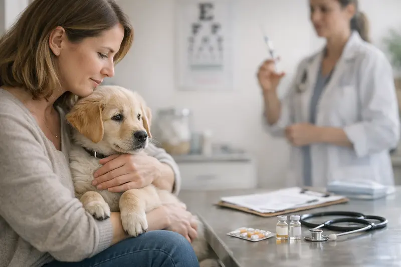 Hund beim Tierarzt für Impfung Ein Hund, der beim Tierarzt eine Impfung erhält, symbolisiert die Wichtigkeit von Vorsorgeleistungen in der Tierkrankenversicherung.