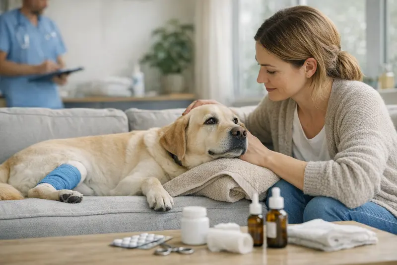 Nachsorge bei Hundebei Operationen Ein Hund wird nach einer Operation von seinem Tierarzt behandelt, wobei auch Medikamente verabreicht werden.