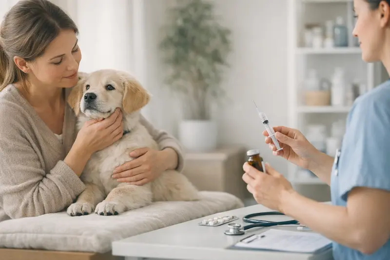 Ein Hund wird beim Tierarzt geimpft und erhält eine Vorsorgeuntersuchung.