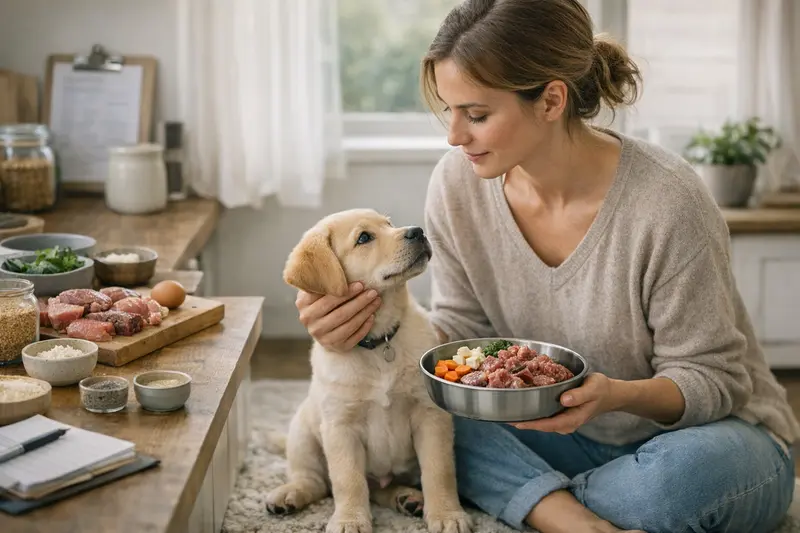 BARF für Welpen - Ernährungshinweise Welpe erhält eine ausgewogene BARF-Mahlzeit zur Förderung gesunder Wachstum.