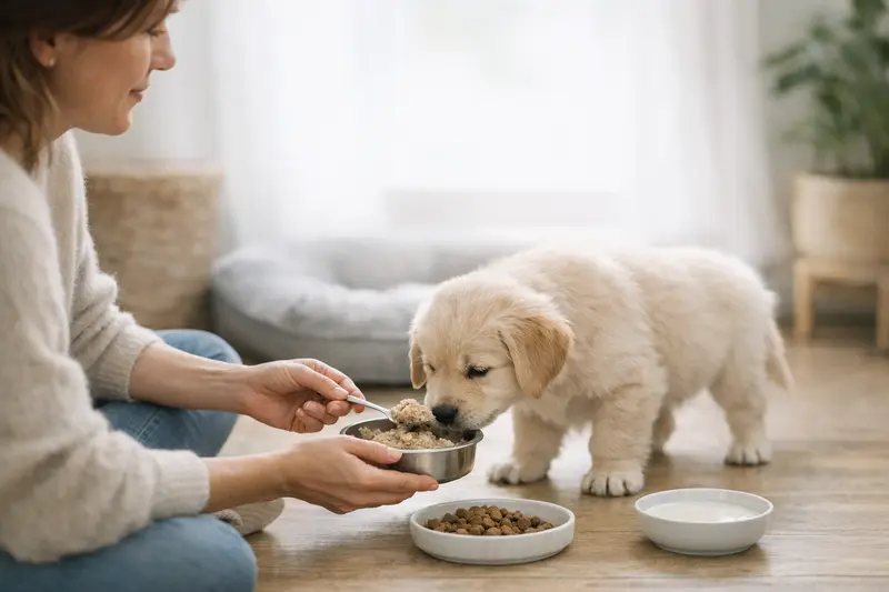 Welpe mit festem Futter Ein Welpe frisst langsam seine erste feste Nahrung aus einem Napf.