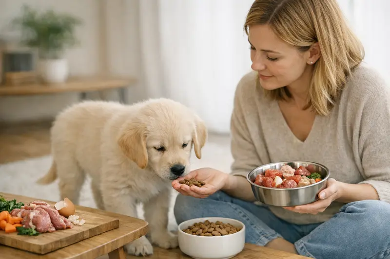 Welpe mit BARF und Welpenfutter Ein gesunder Welpe neben einer Schüssel mit frischem BARF-Futter und einer Packung Welpenfutter.
