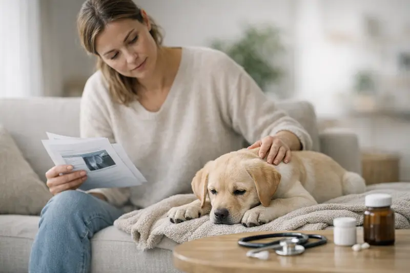 Wartezeiten und vorbestehende Erkrankungen bei Hunden Eine schützende Hundebesitzerin, die ihren Hund über gesundheitliche Themen informiert.