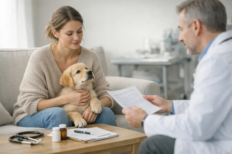 Tierarzt konsultiert Welpenbesitzer zum Tarifvergleich Süßer Welpe mit Tierarzt, der Informationen zum Tarifvergleich für Tierversicherungen bereitstellt.