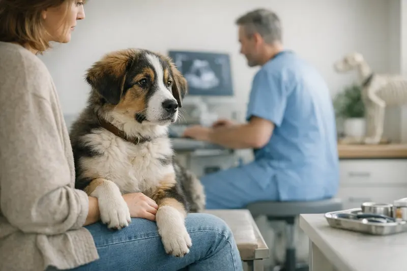 Größe und Gewicht bei Hunden - Wachstumsphasen verstehen Ein großer Hund spielt mit einem Welpen im Garten, eine symbolische Darstellung der verschiedenen Wachstumsphasen.