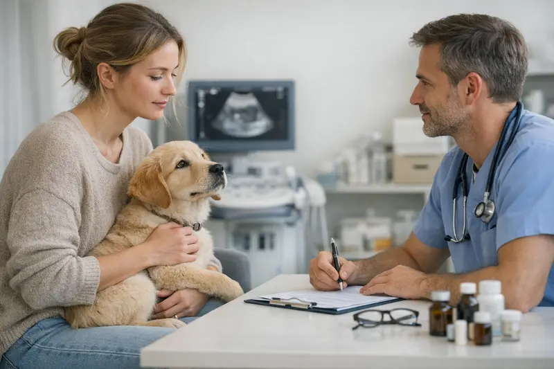 Junger Hund beim Tierarzt, der eine medizinische Untersuchung erhält, um die Wichtigkeit der Versicherung zu betonen.