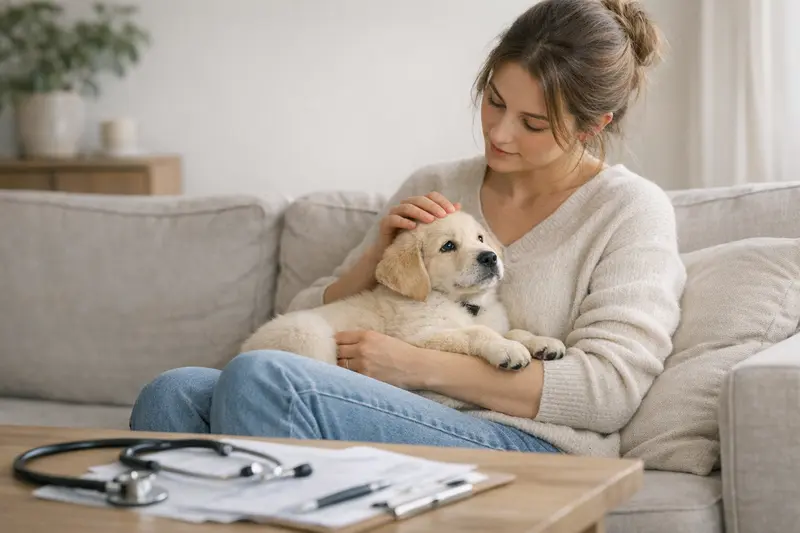 Welpenkrankenversicherung Sinnvoll? Ein Welpe erkundet neugierig seine neue Umgebung, während die Tierhalter über eine Krankenversicherung nachdenken.