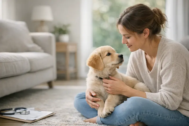 Gesundheitsvorsorge für Welpen Welpe mit Tierarzt bei einer Untersuchung zur Gesundheitsvorsorge.