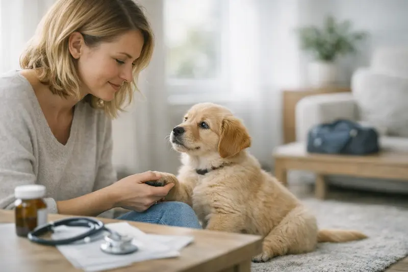 Gesunde Welpen spielen im Garten, während die Besitzer über Krankenversicherungen nachdenken.