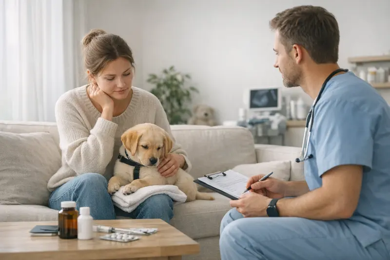 Welpen und Tierarzt: OP-Versicherung im Fokus Welpen bei einem Tierarzt, die Behandlungskosten und OP-Versicherungen besprechen.