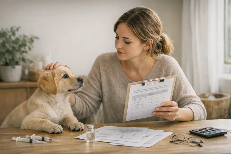 Eine Tierärztin konsultiert einen Hundehalter über Impfungen und Vorsorgeleistungen in der Tierkrankenversicherung.