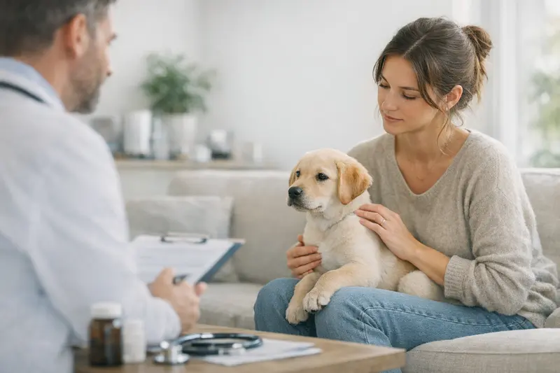 Welpen beim Tierarzt Ein Welpe besucht einen Tierarzt für eine Untersuchung, um die Notwendigkeit einer OP-Versicherung zu klären.