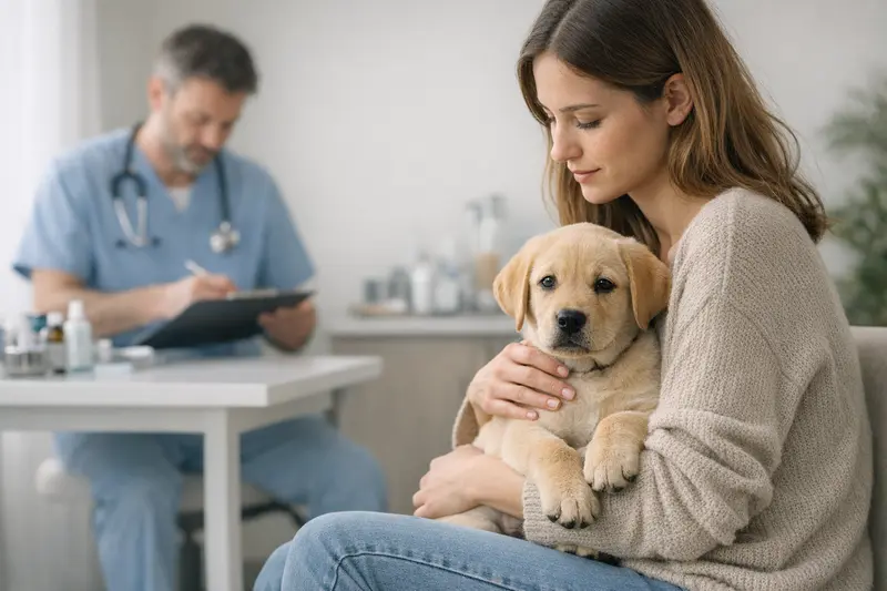 Welpe beim Tierarzt Ein glücklicher Welpe beim Besuch beim Tierarzt zur Gesundheitsuntersuchung