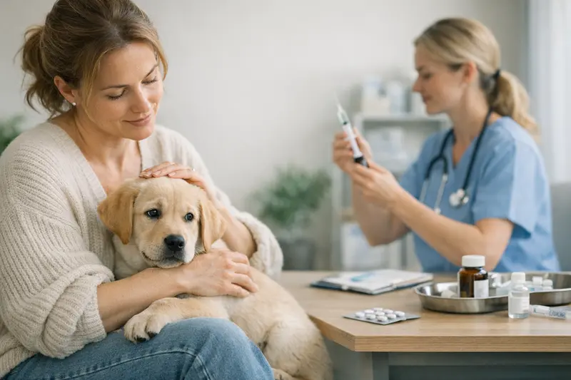 Impfungen für Hunde im Versicherungsrahmen Welpe beim Tierarzt zur Impfung im Rahmen einer Hundekrankenversicherung.