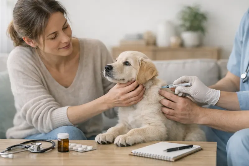 Impfungen und Vorsorge für Hunde und Katzen Tierarzt, der einem Welpen Impfungen verabreicht und Routinechecks durchführt.