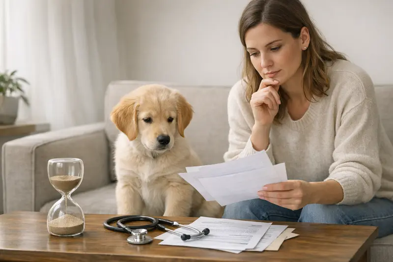 Wartezeiten bei der Tierkrankenversicherung Eine Tierärztin erklärt einem Hundebesitzer die Wartezeiten bei der Tierkrankenversicherung.