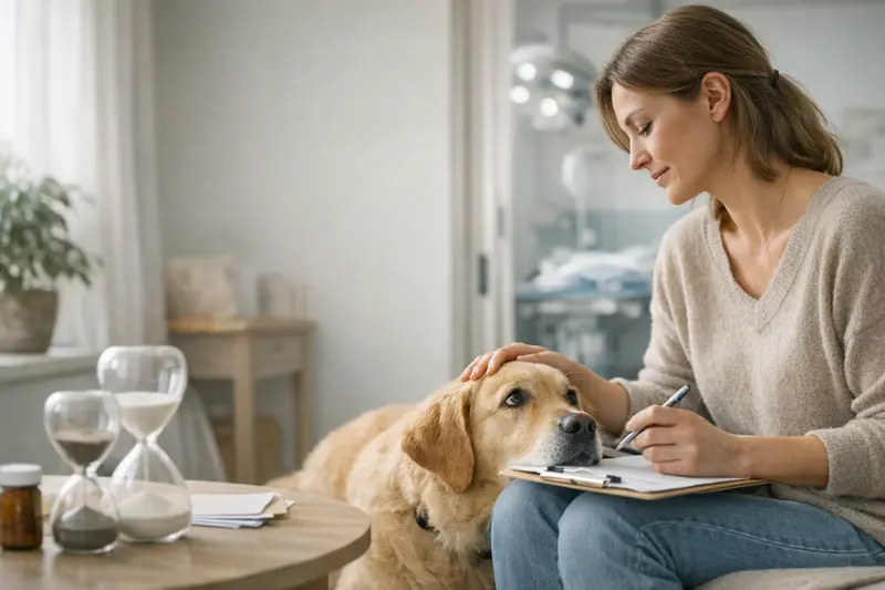 Ein Hund, der beim Tierarzt untersucht wird, während die Wartezeit für die Versicherung besprochen wird.