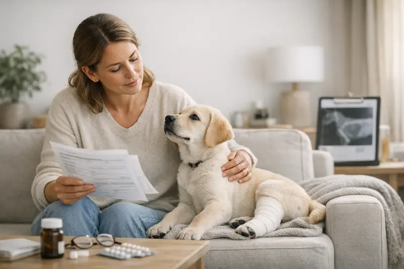 Ein Hundebesitzer prüft die Gesundheit seines Hundes beim Tierarzt, während er sich über Vorerkrankungen informiert.