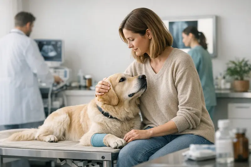 Tierarzt untersucht einen Hund vor einer Operation, um eine OP-Tarifversicherung zu erläutern.