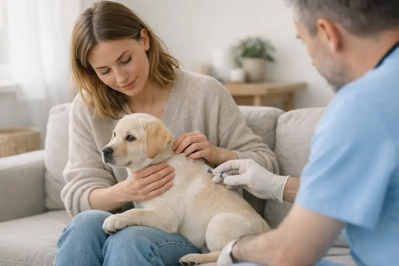 Welpe beim Tierarzt für Impfungen Ein Welpe wird beim Tierarzt für eine Impfung untersucht, um die Verantwortung der Hundehalter für die Gesundheit des Tieres zu zeigen.