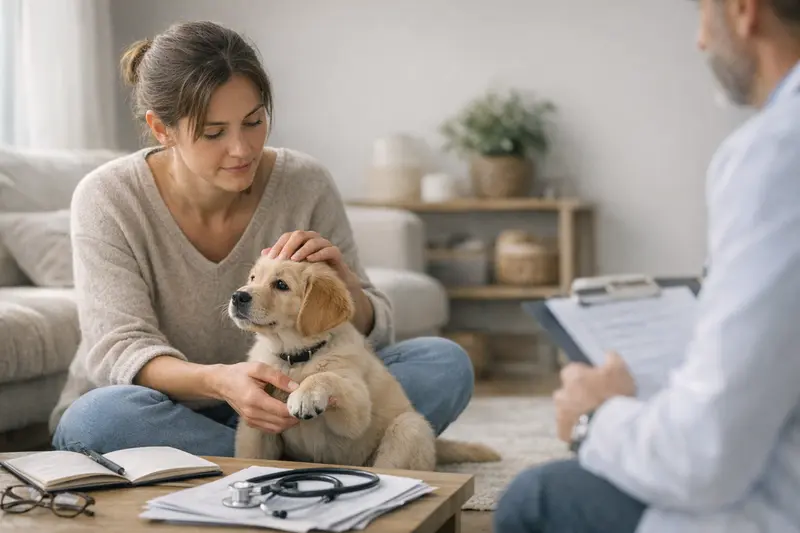 Welpe Tierarztversicherung Welpe beim Besuch beim Tierarzt, der sich optimal auf eine Versicherung vorbereitet.