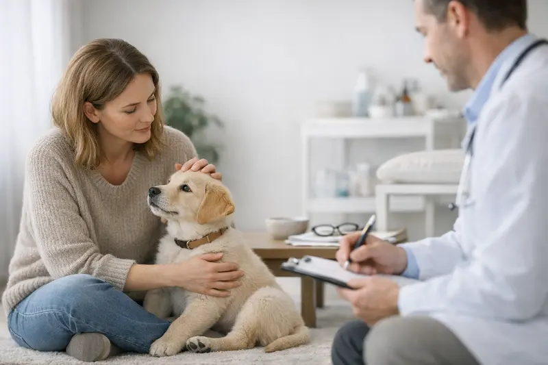 Welpe beim Tierarzt Welpe beim Besuch beim Tierarzt zur Vorsorgeuntersuchung für eine Krankenversicherung.