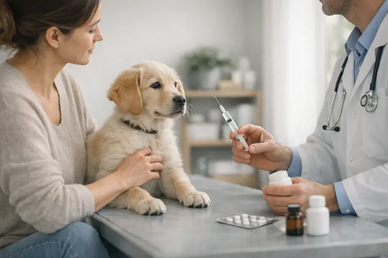 Tierarzttipp zur Vorsorge bei Hunden Tierarztbei einer Untersuchung eines Hundes zur Vorbeugung von Krankheiten.