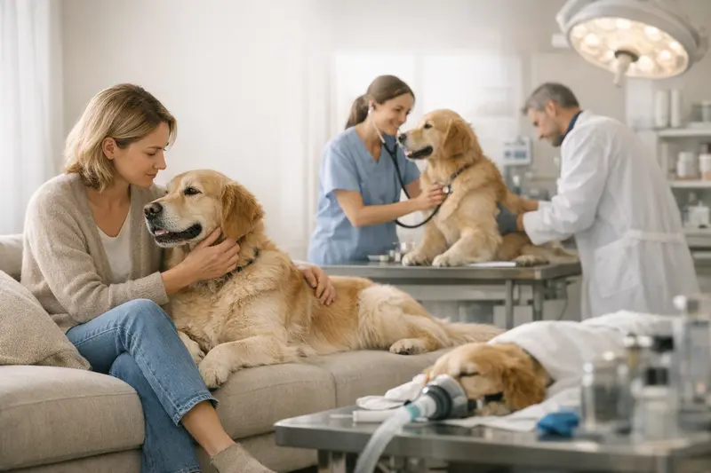 Hund und Katze beim Tierarzt zur Abklärung der Unterschiede zwischen OP-Schutz und Krankenversicherung.