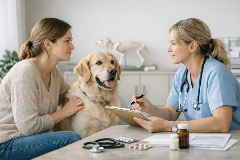 Tarifdetails für Haustierversicherungen Ein Hund und eine Katze beim Tierarzt, die wichtige Tarifdetails ihrer Versicherungen besprechen.