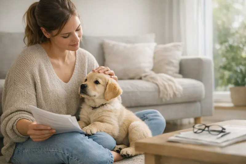 Welpe Versicherung Tips Ein glücklicher Welpe spielt im Garten, während sich eine Hundebesitzerin auf die Versicherung ihres neuen Haustiers vorbereitet.