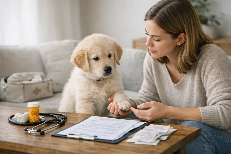 Wichtige Tarifpunkte für Welpenversicherungen Welpe erhält tierärztliche Untersuchung zur Sicherstellung seiner Gesundheit.