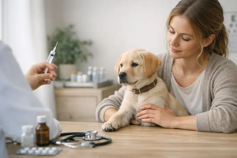Hund beim Tierarzt Ein gesund aussehender Hund beim Tierarzt zur Impfung.