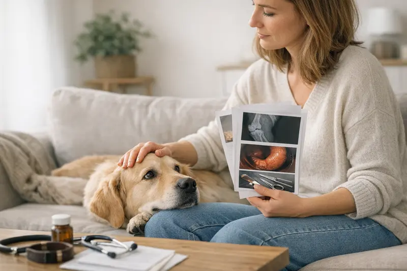 Hundeversicherung Tarife vergleichen Ein Hundebesitzer vergleicht verschiedene Tierversicherungstarife auf einem Laptop.