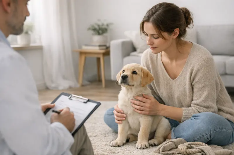 Wartezeiten bei der Welpenversicherung Ein Welpe beim Tierarzt, um die Wichtigkeit der Wartezeit in der Hundeversicherung zu verdeutlichen.