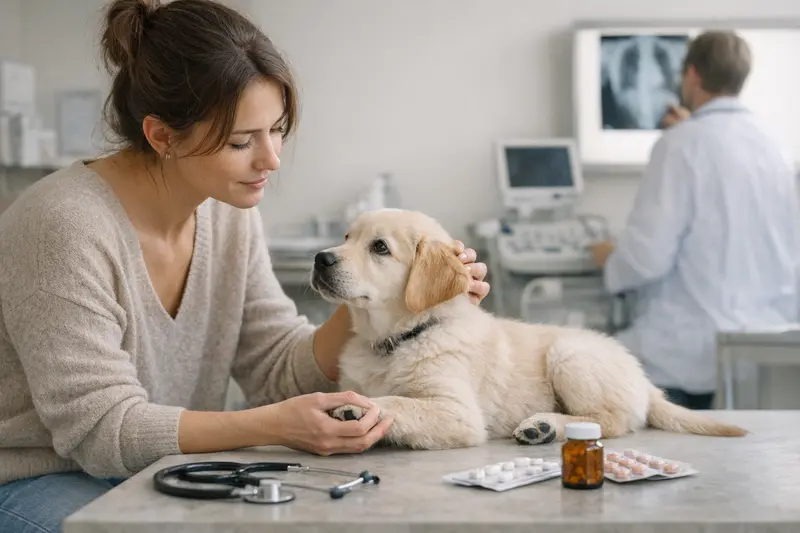 Welpen beim Tierarzt für eine Untersuchung, um wichtige Gesundheitsleistungen sicherzustellen.