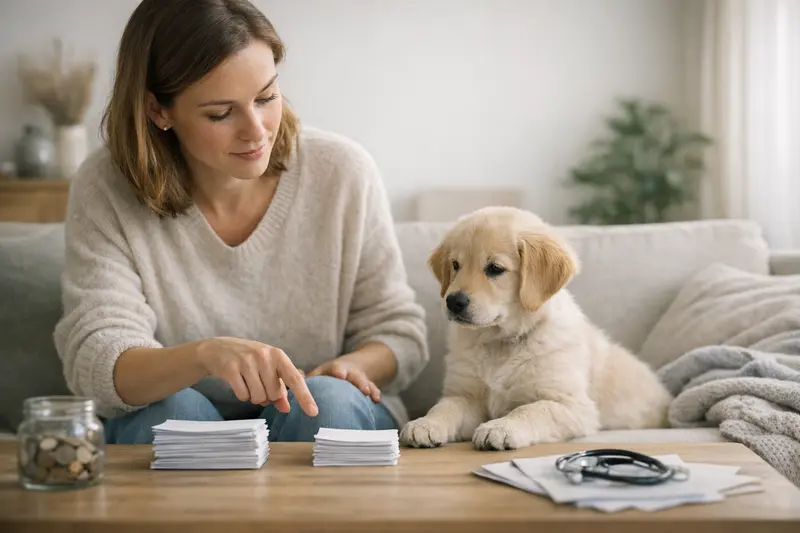 Welpe beim Tierarzt Ein Welpe beim Besuch beim Tierarzt zur Gesundheitsuntersuchung, was die Kosten einer Hundekrankenversicherung beeinflusst.