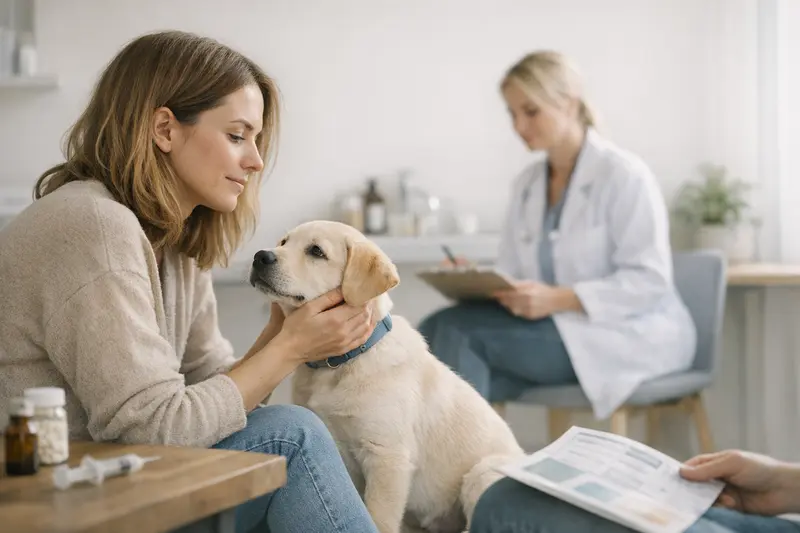 Hund beim Tierarzt für Impfungen und Vorsorge Ein gesunder Hund beim Tierarzt, während er eine Impfung erhält, symbolisiert die Wichtigkeit von Impfungen und Vorsorgemaßnahmen.
