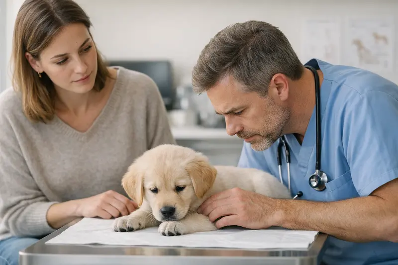Gesundheitscheck für Hunde Hund beim ersten Gesundheitscheck, potenzielle Auffälligkeiten werden festgestellt