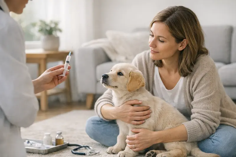 Hund beim Tierarzt für Impfungen Ein Hund bei einer tierärztlichen Untersuchung, die auch Impfungen umfasst.