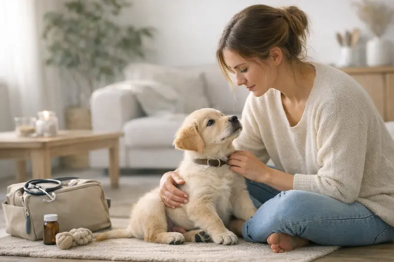 Welpenversicherung sinnvoll ab Einzug Welpen spielen im Wohnzimmer, symbolisch für den Zeitpunkt, an dem eine Hundeversicherung sinnvoll wird.