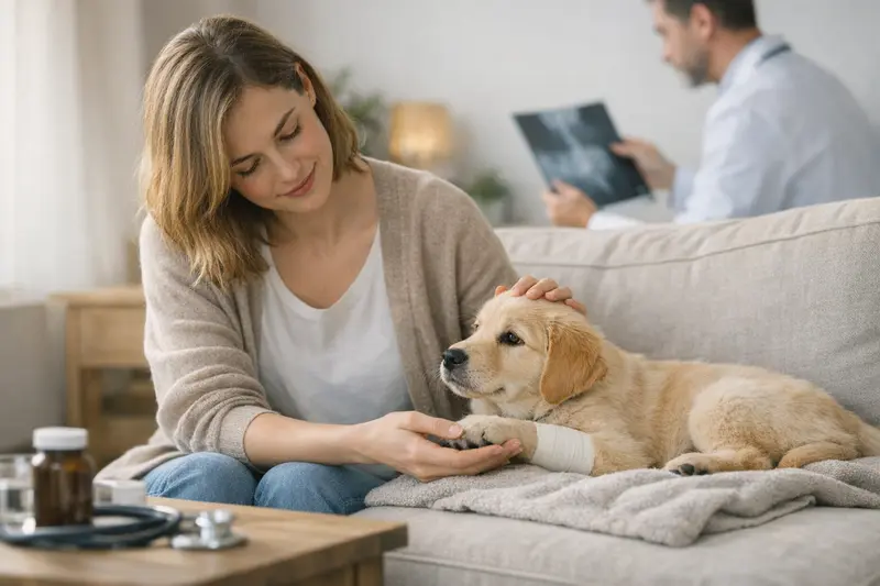 Ein gesunder Welpe spielt im Garten, während seine Haltung und Absicherung durch eine Hundeversicherung relevant sind.