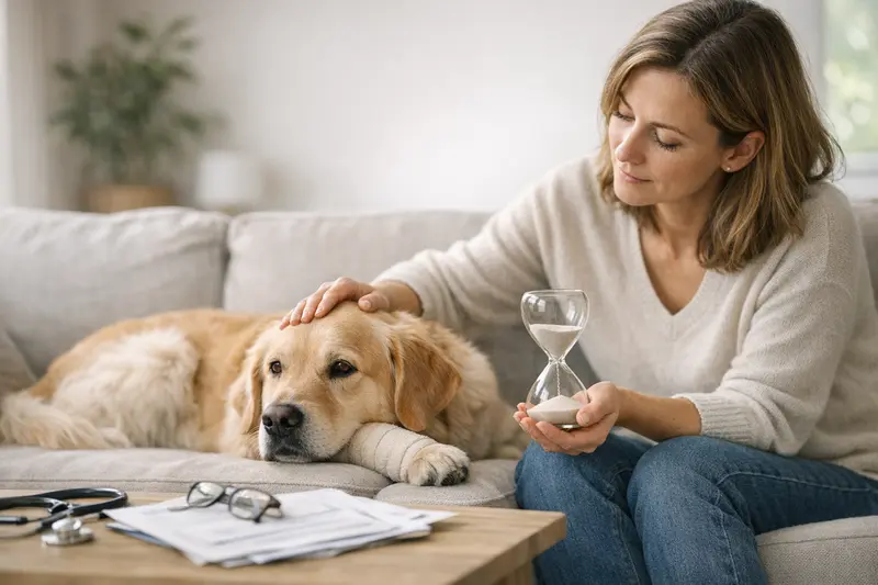 Wartezeit bei der Hundeversicherung Ein Hund, der vom Tierarzt untersucht wird, während sein Besitzer über die Wartezeit bei der Hundeversicherung informiert wird.