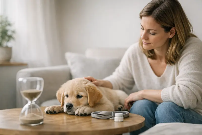 Wartezeit bei der Hundeversicherung Ein Hund mit einem Tierarzt bei einer Untersuchung und einem Hinweis auf die Wartezeit der Hundeversicherung.