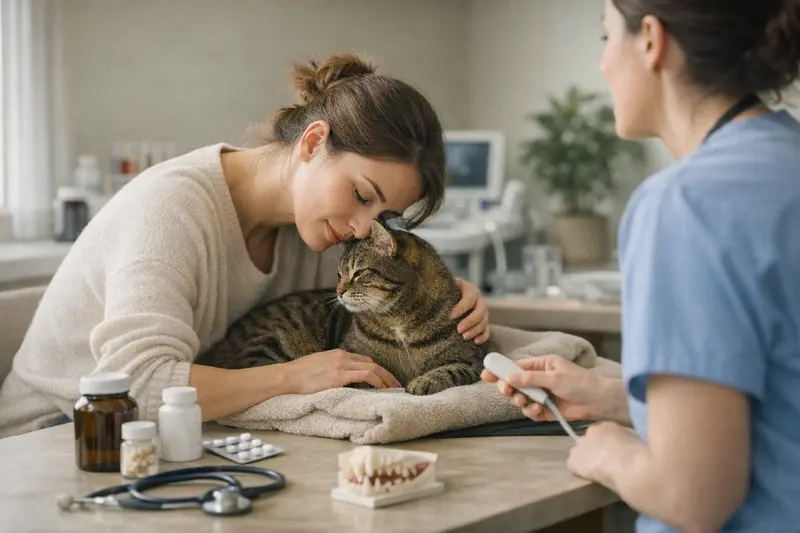 Eine gesunde Wohnungskatze untersucht neugierig ein Spielzeug, während die Besitzerin ihr Tierarztrechnungen zeigt.